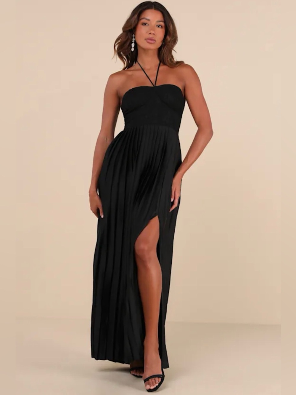 Lulus- Strapless Black Pleated Maxi Dress with Thigh Slit